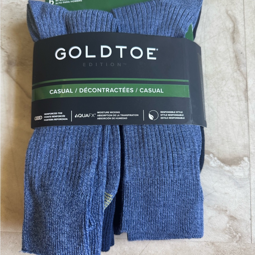 Gold Toe Men's Crew, Casual 6 Pack Socks in Blue, Size 6-12 1/2. NWT